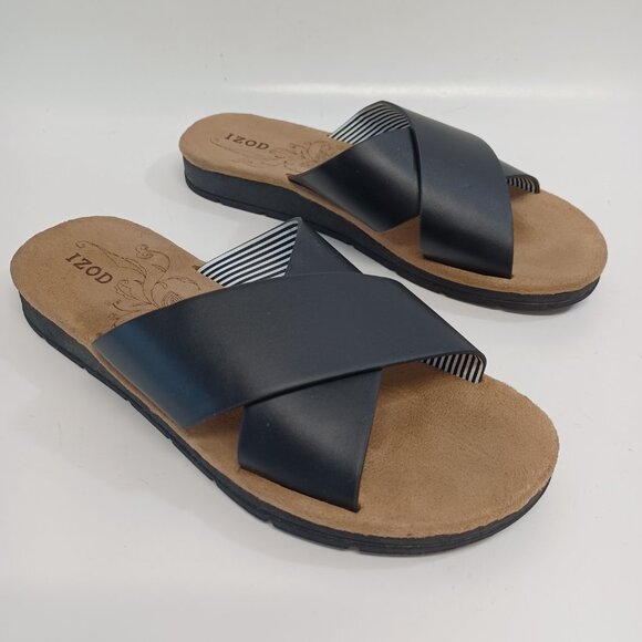 IZOD Sandals Black Tan Alyssa Criss Cross Slip On Open Toe Flats Womens 6 M - Picture 11 of 15